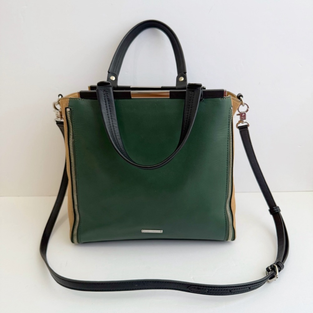 REBECCA MINKOFF BLACK GREEN LEATHER TAN SUEDE FRONT POCKET SIDE ZIPPERS PURSE - Picture 2 of 12